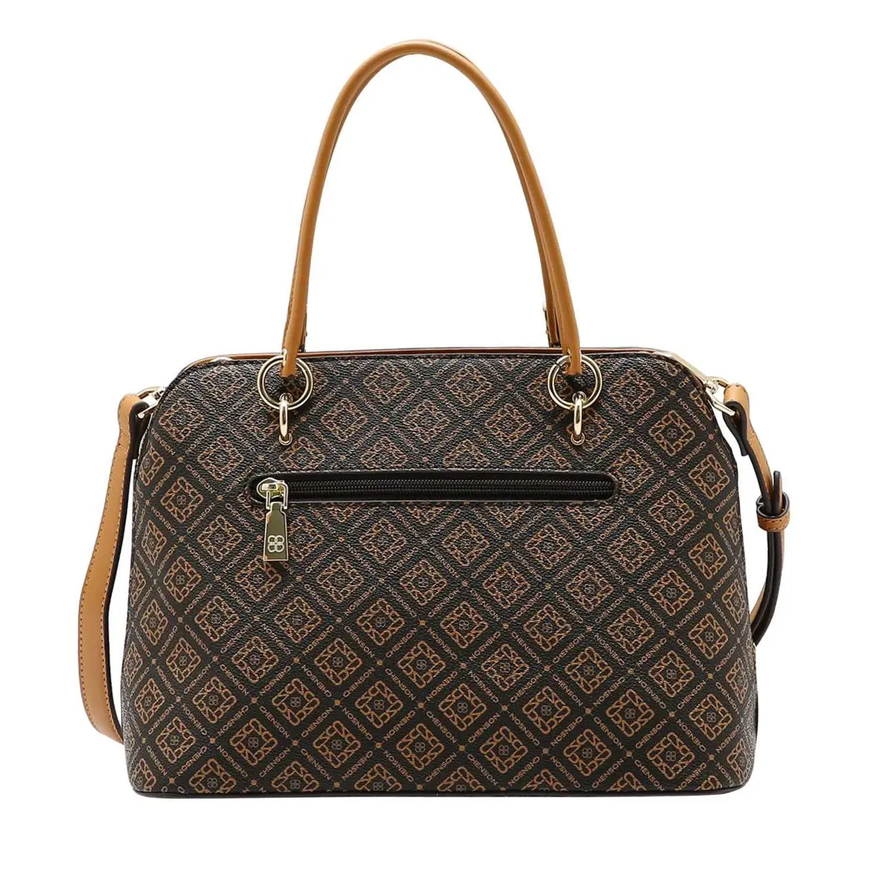 Bolsa feminina Chenson cor café com estampa monograma vista frontal mostrando bolso externo e alças duplas caramelo